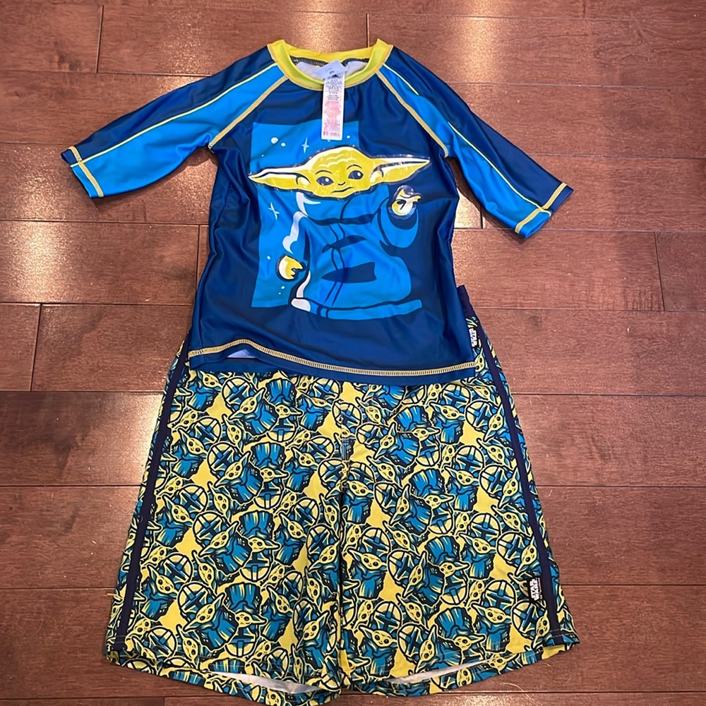 Baby Yoda Swim trunks and Rash Guard